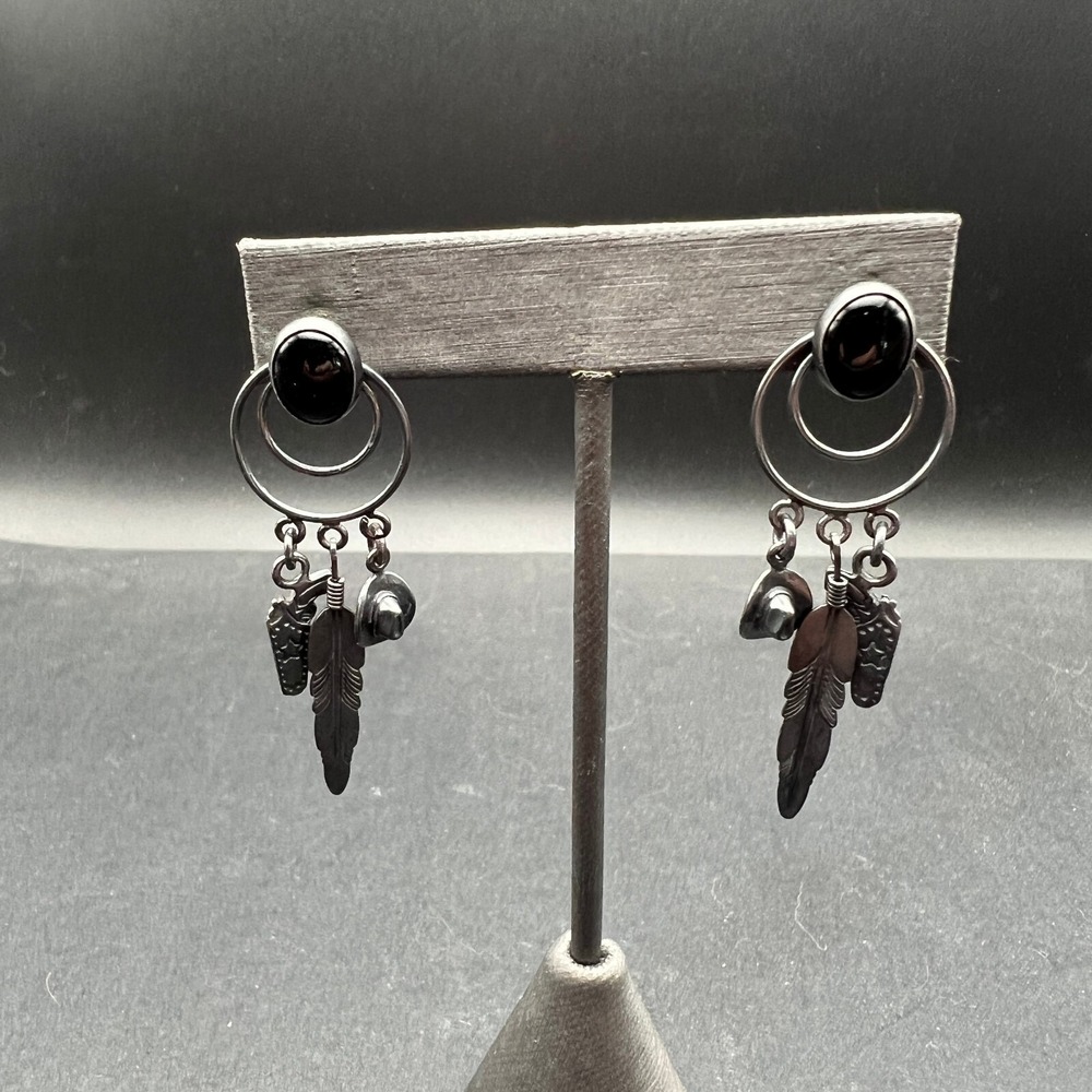 Vintage QT Onyx Drop Earrings Sterling‎ Silver 925 Feather Hat Native American